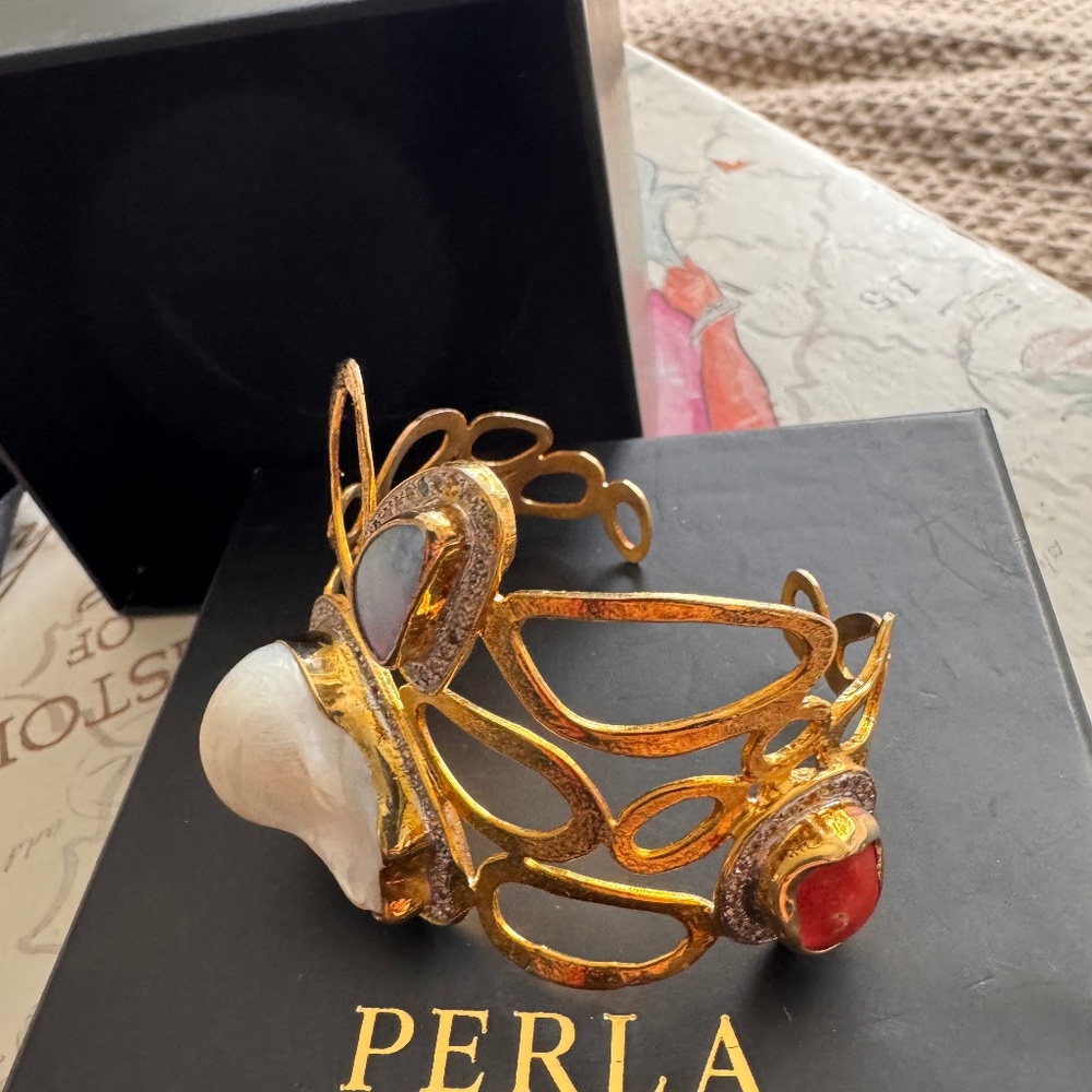 Gold-plated sterling silver, Baroque pearl, Coral accent,Diamond accents